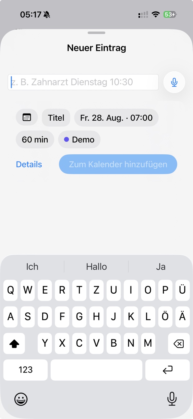 zeit.punkt Schnelleingabe erkennt Titel, Datum und Uhrzeit aus einem Satz