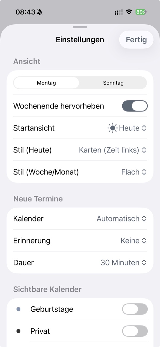 zeit.punkt Einstellungen für Ansicht, Wochenstart und Standardkalender